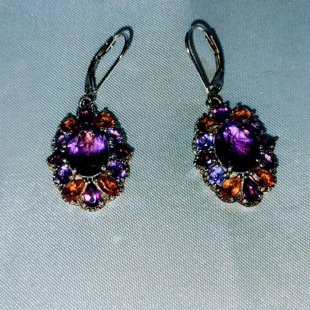 Amethyst and multi gem dangling earrings in sterling silver